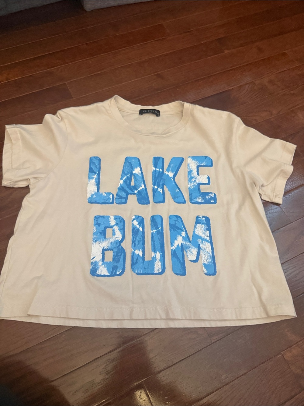 LAKE BUM Graphic Crop Tee - Beige with Blue Print